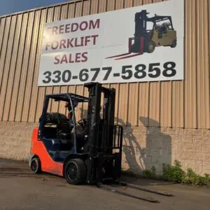 Forklift parked near sales sign, sunny day.