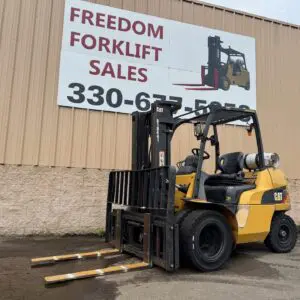 Yellow forklift parked outside sales building.