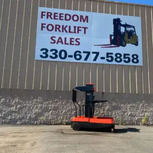Forklift in front of sales company sign.